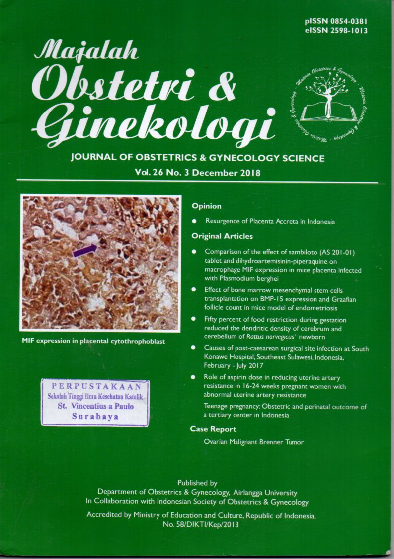 Majalah Obstetri & Ginekologi : Journal of Obstetrics & Gynecology  Science: MIF expression in placental cytothrophoblast. Vol. 26, No. 3 December 2018