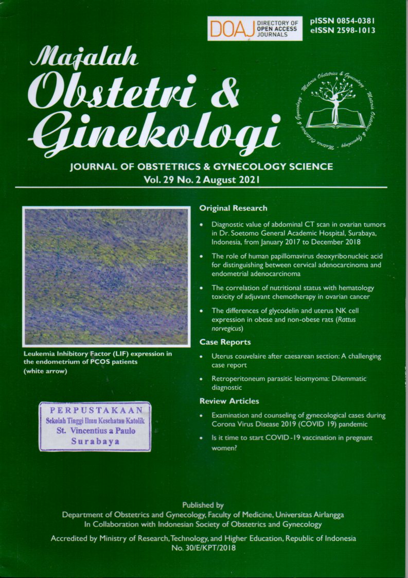 Majalah Obstetri & Ginekologi : Journal of Obstetrics & Gynecology  Science: Leukemia Inhibitory Factor (LIF) expression in the endometrium of PCOS patient (white arrow). Vol. 29, No. 2, August 2021